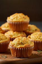 Recette de muffins au thon. Les muffins au thon sont joliment disposés sur une planche à découper en bois.