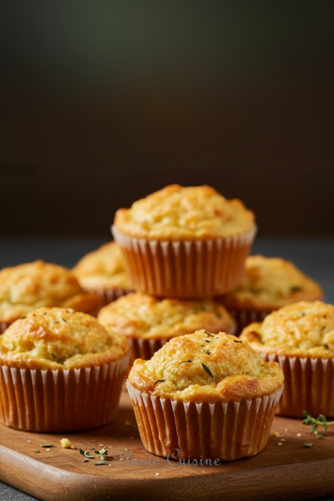 Muffins au thon fraîchement préparés, disposés sur une planche à découper en bois rustique, prêts à être dégustés.