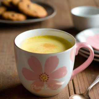 Boisson chaude lait d'or épicé (curcuma, gingembre, cannelle) dans une tasse.