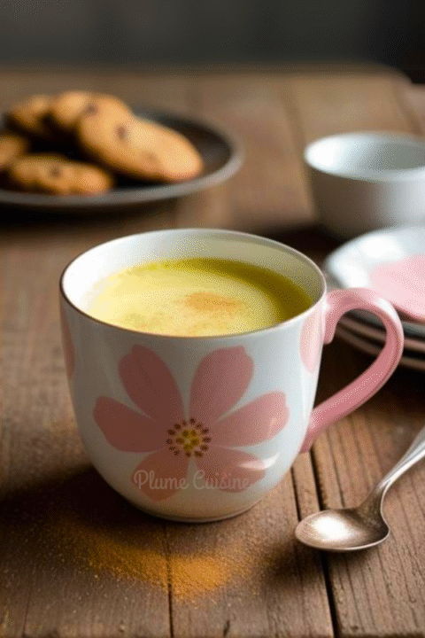 Lait d'or épicé (curcuma, gingembre, cannelle) dans une tasse.