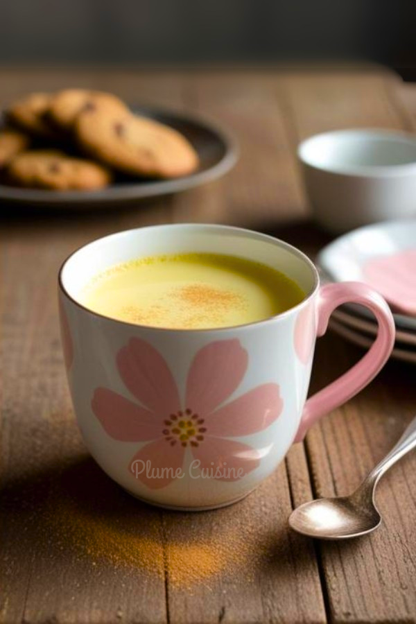 Boisson chaude lait d'or épicé (curcuma, gingembre, cannelle) dans une tasse.