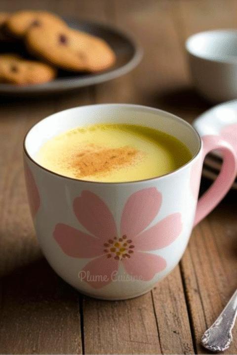 Tasse de lait d'or crémeux, boisson ayurvédique au curcuma.