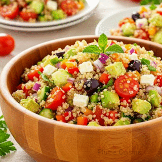 Grand bol en bois rempli de salade de quinoa méditerranéenne.