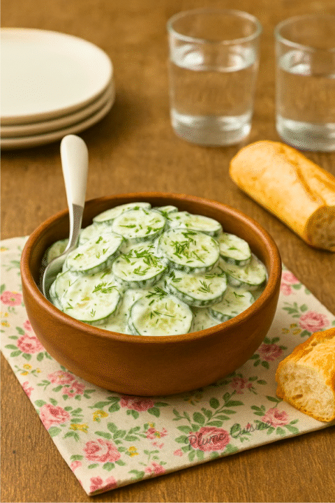 Concombres à la crème frais, garnis d'herbes, dans un bol en bois