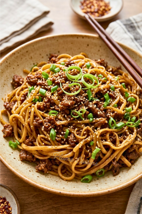 Nouilles au boeuf haché mongolien dans une assiette