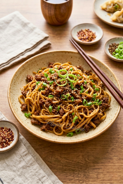 Assiette de nouilles au boeuf haché mongolien