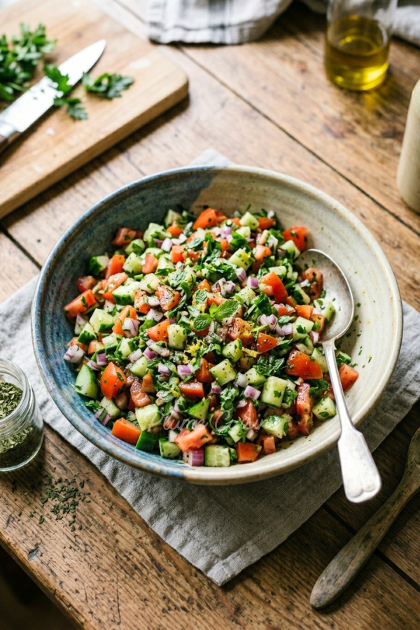 Salade Shirazi iranienne délicieuse présentée dans une belle assiette