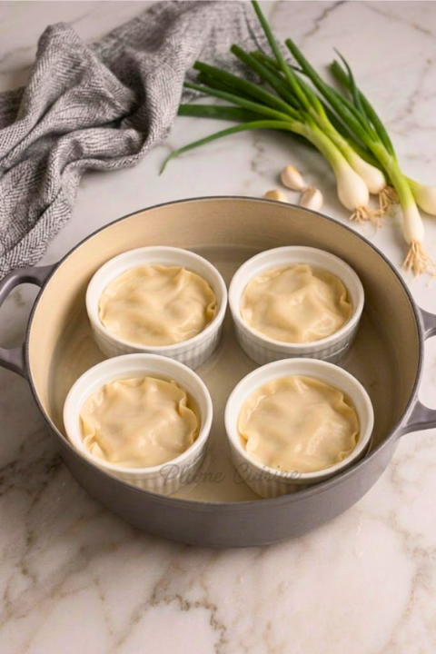 Ramequins de lasagnes de dumpligs asiatiques prêts à cuire dans une casserole