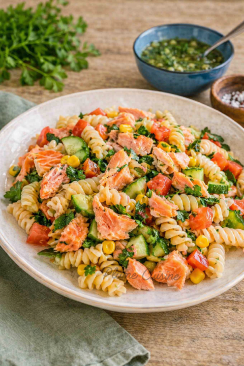 Salade de pâtes au saumon, légumes croquants et sauce verte