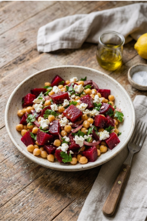 Salade de pois chiches et betteraves dans une assiette beige.