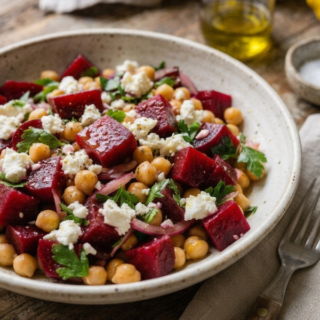 Salade de pois chiches et betteraves en gros plan