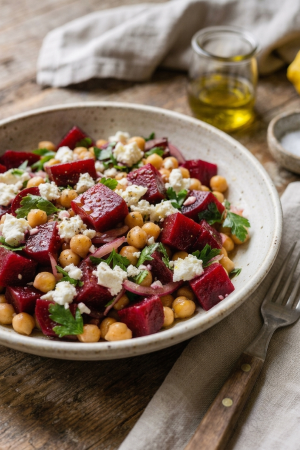 Salade de pois chiches et betteraves en gros plan