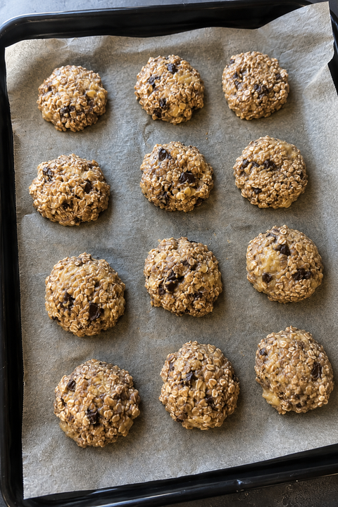 Cookies banane avoine sans sucre ajouté crus, prêts à être enfournés