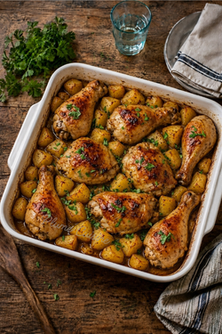 Poulet et pommes de terre au four dans un plat, parfumés au citron, à l’ail et aux épices.