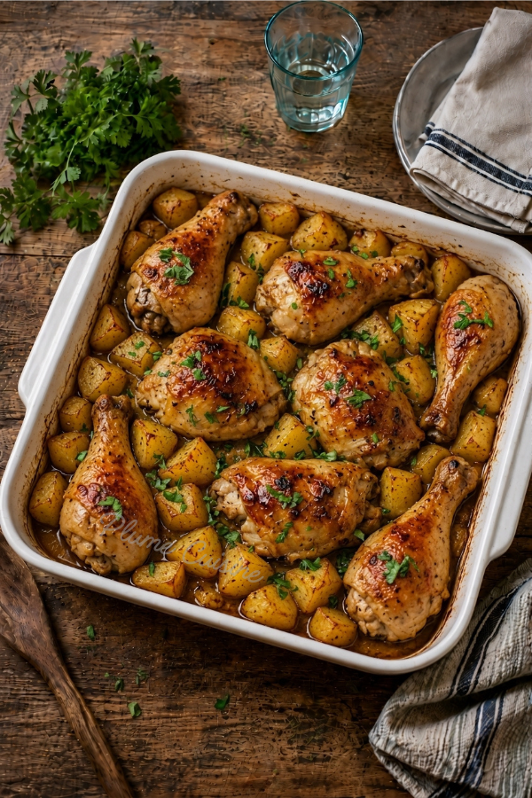 Poulet et pommes de terre au four dans un plat, parfumés au citron, à l’ail et aux épices.