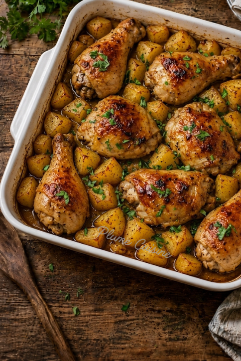 Poulet et pommes de terre au four dorés aux épices, citron et ail dans un grand plat familial.