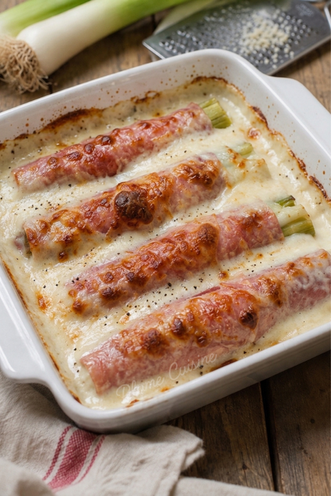 Poireaux au jambon gratinés avec de la béchamel dans un plat carré.