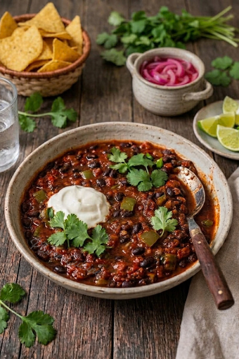 Chili aux haricots noirs végétarien, garni de coriandre fraîche et accompagné de citron vert et d’oignons rouges marinés.
