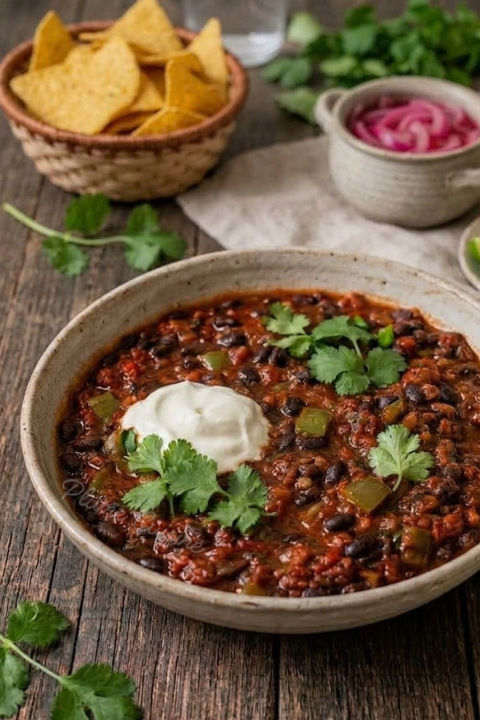 Chili végétarien maison aux haricots noirs, épais et généreux, avec coriandre fraîche et légumes.
