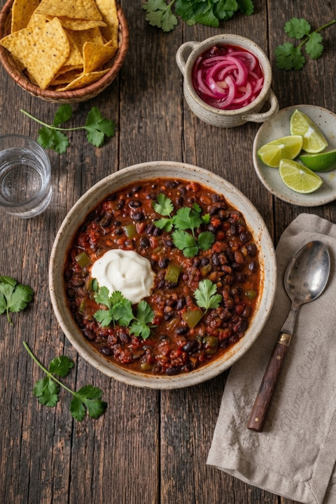 Chili végétarien aux haricots noirs dans un bol rustique, accompagné de chips de maïs et d’oignons marinés.
