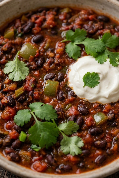 Chili aux haricots noirs végétarien, photographié en gros plan