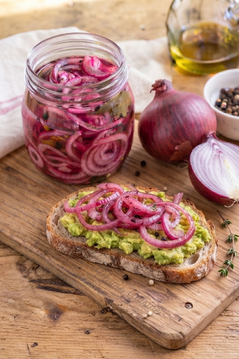 Tartine à l’avocat garnie d’oignons rouges marinés, avec un bocal d’oignons marinés et des oignons rouges frais en arrière-plan.
