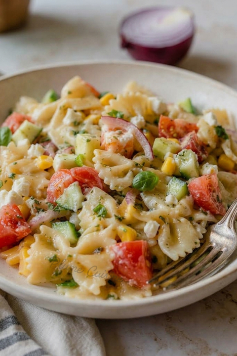 Salade de pâtes à la feta facile avec vinaigrette maison et légumes