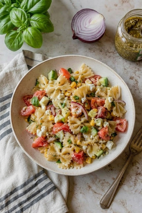 Salade de pâtes à la feta maison avec légumes frais et vinaigrette