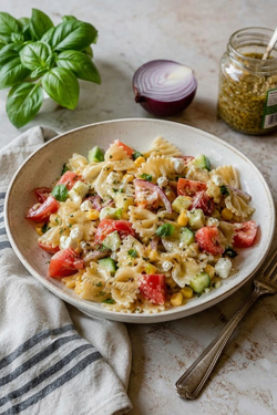 Salade de pâtes à la feta dans une assiette blanche
