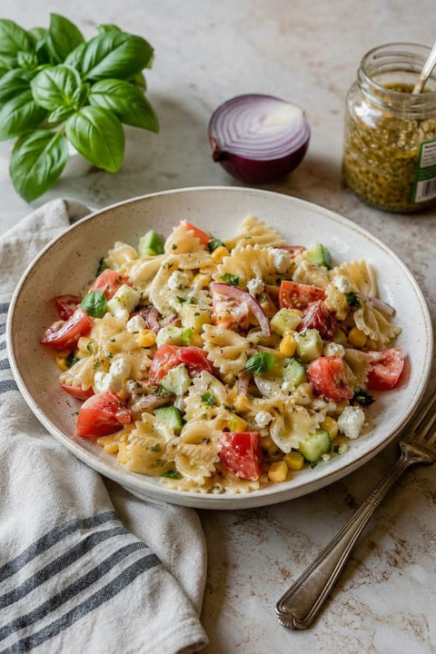 Salade de pâtes à la feta avec tomates, concombre, maïs et oignon rouge