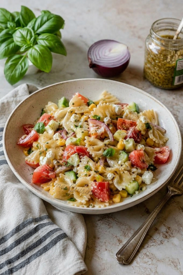 Salade de pâtes à la feta dans une assiette blanche