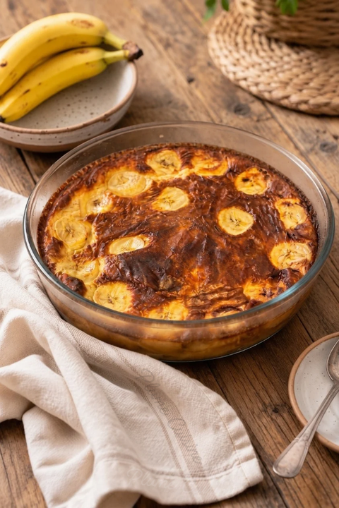 Flan à la banane facile, photographié entier dans un moule rond en verre.