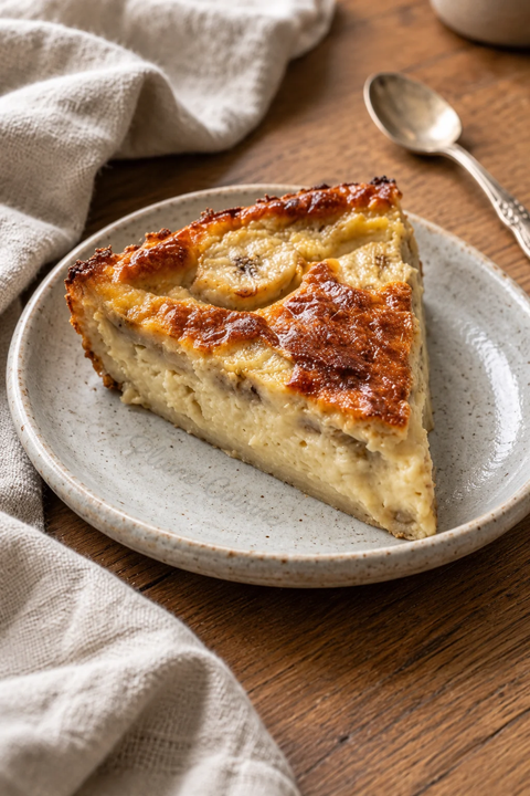 Part de flan à la banane facile dans une petite assiette.
