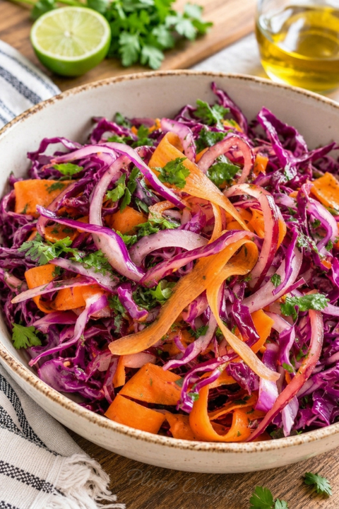 Gros plan d'un bol de salade de chou rouge et carottes