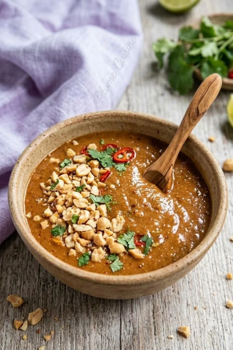 Recette de sauce thaï au beurre de cacahuète onctueuse et pimentée servie dans un bol en céramique