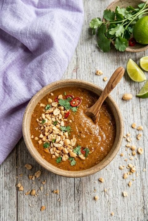 Bol de sauce thaï au beurre de cacahuète maison garni d'éclats de cacahuètes