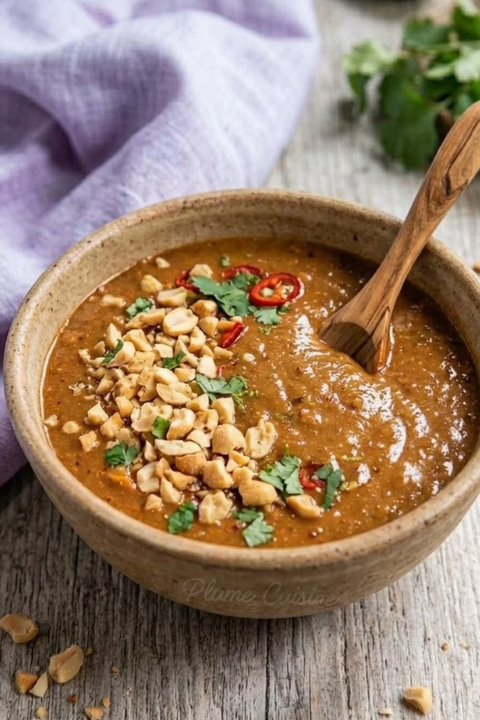 Sauce thaï au beurre de cacahuète avec cacahuètes concassées et herbes fraîches