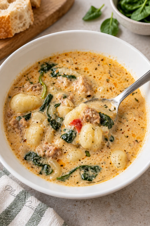 Bol de soupe crémeuse aux gnocchis et à la chair à saucisse